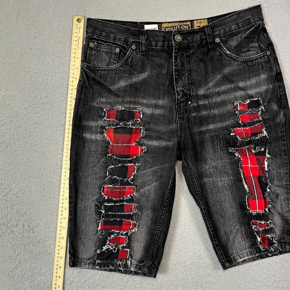 Evolution Mens Distressed Shorts Men Sz 36 Red Plaid Destroyed Patchwork Design - Picture 5 of 8